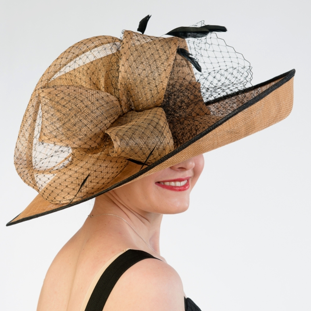 Beloved Millinery Elegant Flower Tan Black Wide-Brim Women's Hat Handcrafted